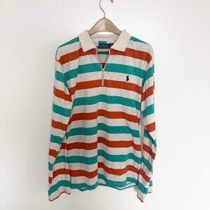 Polo Ralph Lauren Rugby Shirt XL Striped Quarter Zip Orange Teal Long Sleeve